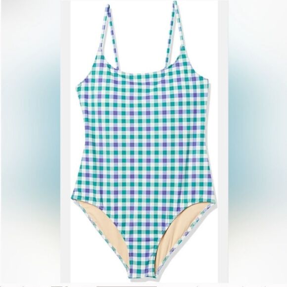 Amazon Essentials Blue Green Gingham One Piece Bathing Swim Suit - Picture 3 of 15